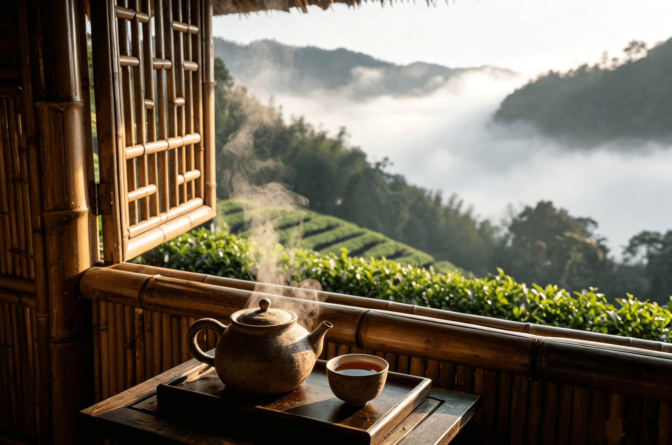 晨光中的茶杯与窗